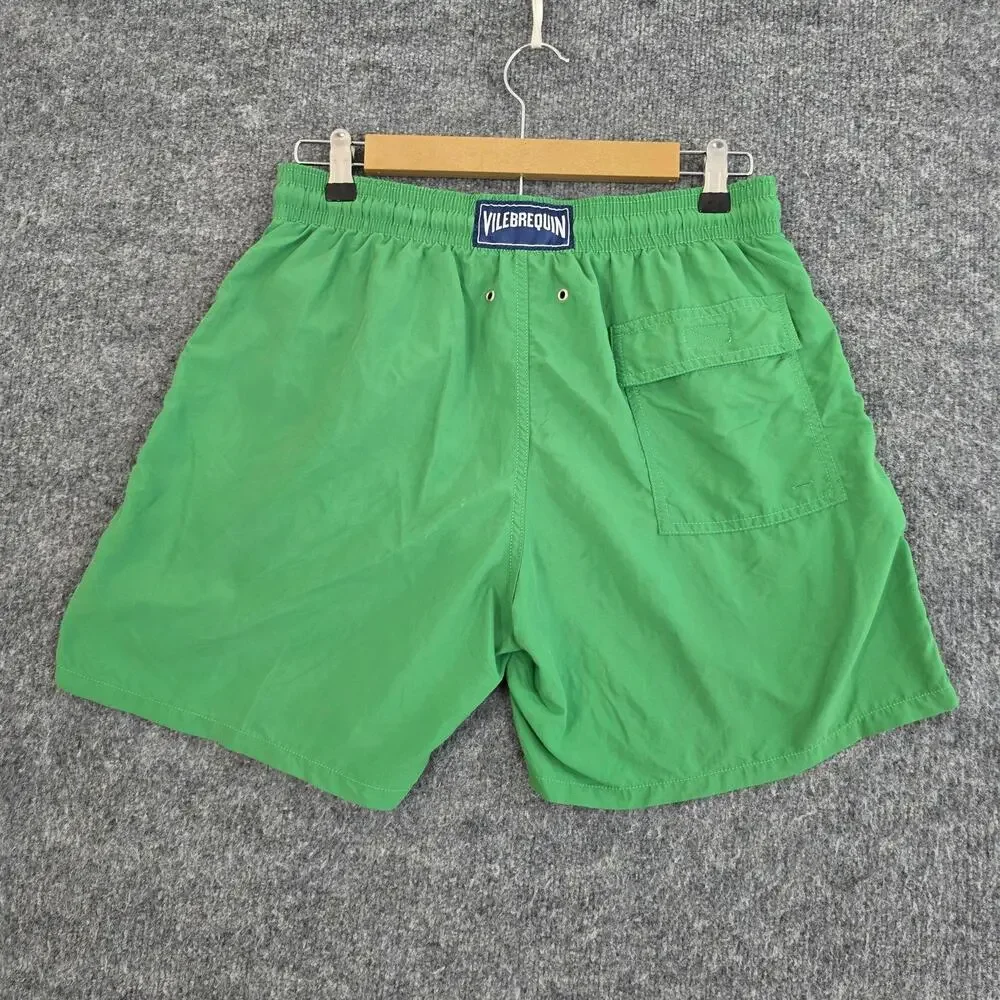 Vilebrequin Swim Shorts Men Large Green Solid Drawstring Lined Trunks Pool Beach